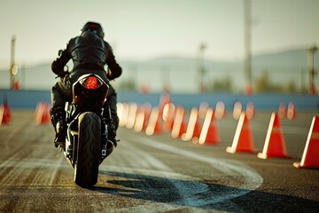 Motorcycle training with cones at motordrome - obrazy, fototapety, plakaty