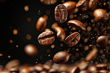 Coffee beans falling and flying on black background symbolize an invigorating breakfast