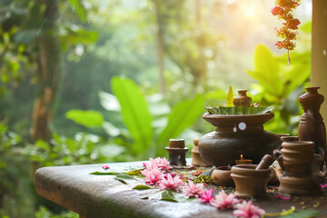 Traditional Ayurvedic medicine practices captured in a serene setting.