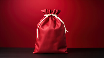 A vibrant red gift bag tied with a white ribbon, presented on a dark background, creating an air of mystery and anticipation. - obrazy, fototapety, plakaty
