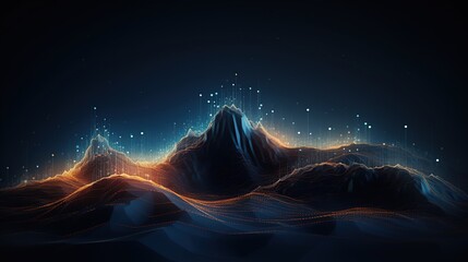 Abstract digital mountains for big data concept with glowing light. Low poly glowing light digital landscape with starry sky and mountains. Generative AI
