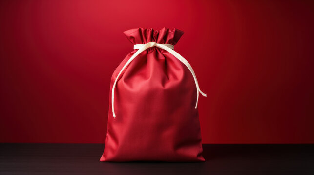 A vibrant red gift bag tied with a white ribbon, presented on a dark background, creating an air of mystery and anticipation.
