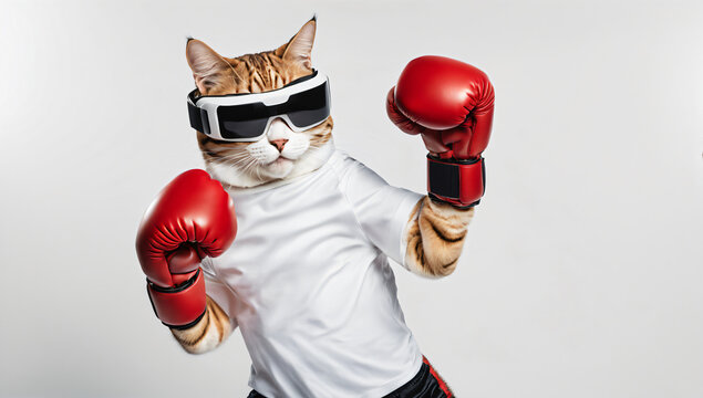 An amusing cat, wearing VR gear, is engaged in boxing exercises against a simple background