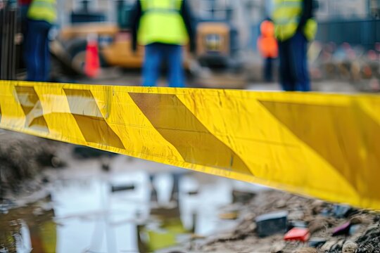 Caution tape and warning sign block public access to a construction site for safety reasons