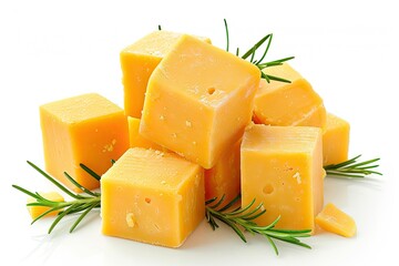 White background with cheddar cheese cubes