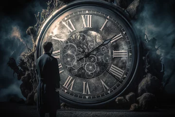 Foto op Aluminium Abstract concept of time passing by. Human silhouette and old clock representing past time. Turn back time concept. Melancholic mood © Rytis