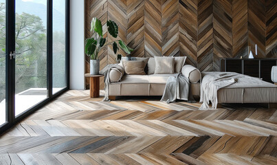 Sophisticated herringbone pattern parquet wood floor, showcasing the elegance of traditional craftsmanship in contemporary interior design - obrazy, fototapety, plakaty