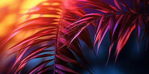 Tropical palm leaves with vibrant red and blue gradient lighting, casting dynamic shadows, evoking a feeling of warm, exotic summer evenings
