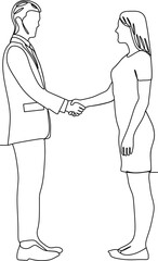 continuous line of a smiling young man shaking hands with his businessman friend