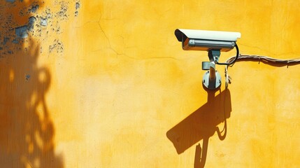 A modern security camera mounted on a wall, vigilantly monitoring for safety and protection, symbolizing surveillance, privacy, and technology in residential areas. Ai generated
