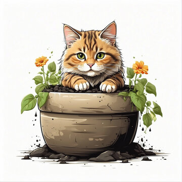 Tipped Over Potted Plant With Dirt Everywhere And A Cute Cat Sitting In The Middle Of It, Vector Art, T-shirts Art