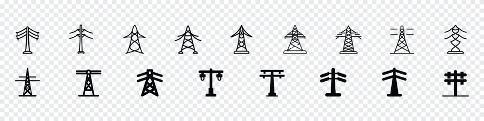 Electric pole icon, High voltage electricity distribution grid pylons. High electric cable tower icon, electricity icons, Lattice tower power line icons, Telephone Poles Icon, electricity icon post - obrazy, fototapety, plakaty