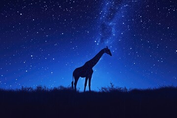 silhouette of a giraffe grazing against a starry night sky, its neck reaching for the cosmos