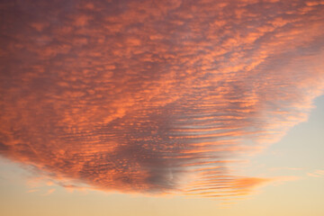 A beautiful sky tinted by the sun leaving vibrant shades of gold, pink, blue and multicolored. Clouds in the twilight evening and morning sky. Cloudy sky background in the evening and during the day.
