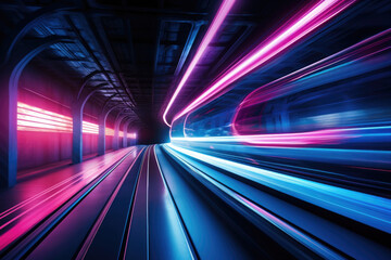 Abstract tunnel with colorful trails. Glowing neon colored lines in cyberspace. Futuristic background