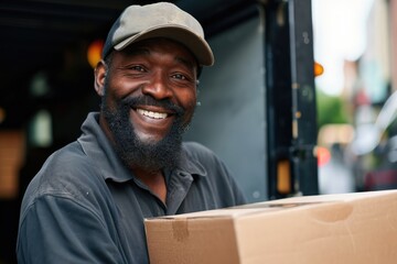 Fototapeta na wymiar Delivery courier service. Delivery man in cap and uniform holding a cardboard box near a van truck delivering to customer home. Smiling man postal delivery man delivering a package Ai generated