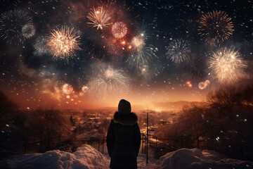 Fototapeta na wymiar Fireworks show concept people watching admiring wonderful lights winter atmosphere Generative AI
