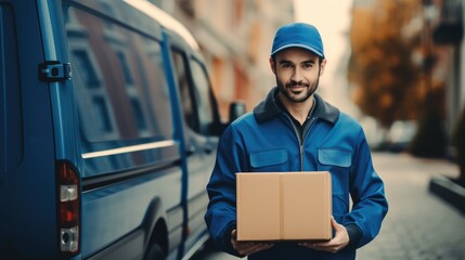 Delivery courier service. Delivery man in cap and uniform holding a cardboard box near a van truck delivering to customer home. Smiling man postal delivery man delivering a package Ai generated