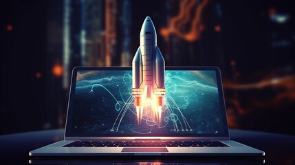 Futuristic rocket takes off from computer or laptop screen for startup and business growth concept. - obrazy, fototapety, plakaty