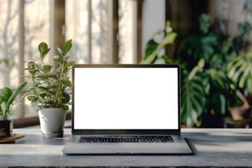 Laptop Screen Mockup on Wooden Table with Potted Plant Decoration, Digital Workspace