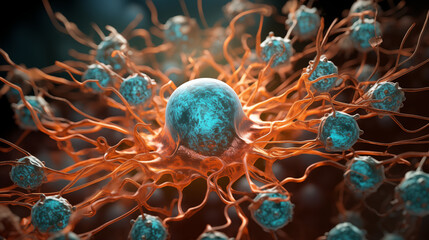 A close-up view of a kidney cancer cell with a structure highlighted in vibrant copper color, symbolizing its pivotal role - obrazy, fototapety, plakaty