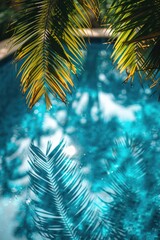 Green nature palm leaf on blur tropical beach with bokeh sun light abstract background. ai generated