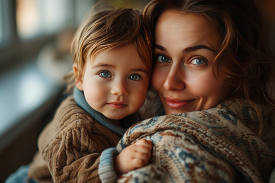 Loving Mom Hugging Her Son, Portrait Of Cheerful Woman And Little Boy Looking At Camera, Happy Parenthood