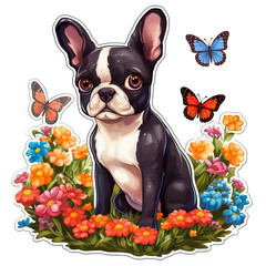 A charming cartoon illustration of a French Bulldog puppy on a white background, designed as a cute sticker that highlights the lovable features and playful character of this delightful canine breed