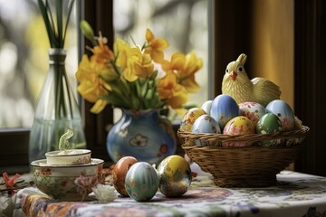 Obraz na płótnie Canvas easter eggs and flowers, Easter background, Easter holiday