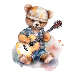 Little bear playing guitar on transparent isolate, little bear series watercolor illustration, little bear who loves music children clipart, printable animal sticker, children's book illustration