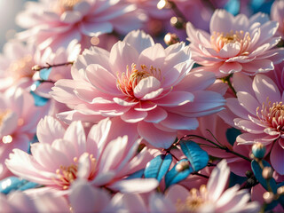 A close-up of pink cherry flowers with golden stamens and  leaves in soft sunlight