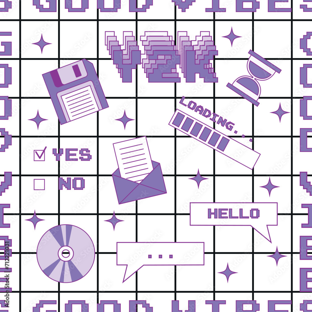 Poster seamless pattern in trendy y2k style with old computer aesthetic ui elements. template for card, fab