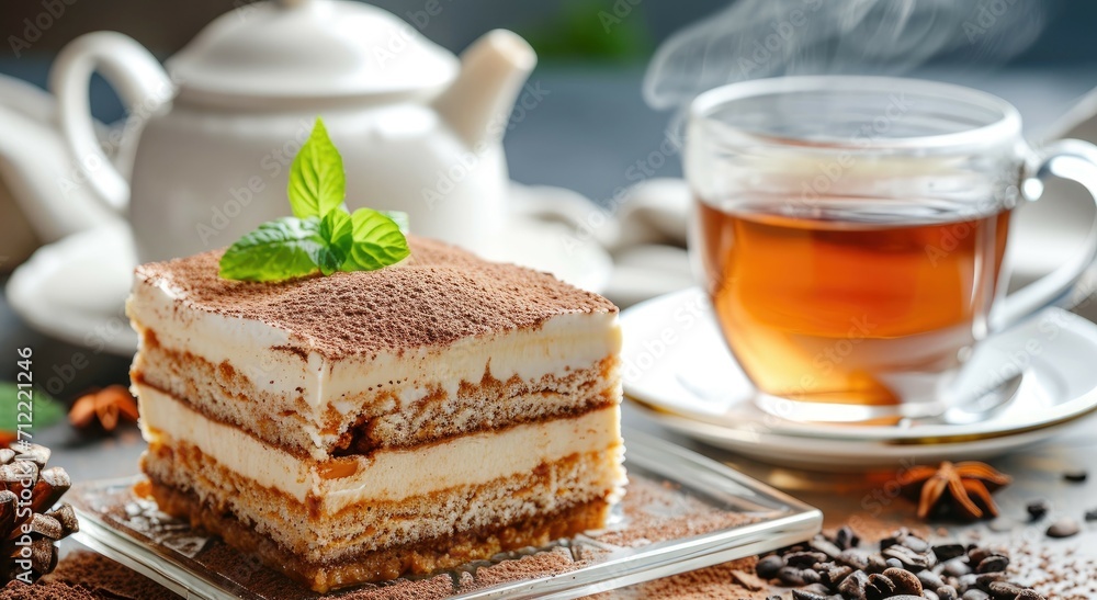 Poster tiramisu cakes and tea arranged on a table