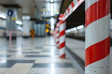 Red and white barrier tape at airport subway station is protective No entry - obrazy, fototapety, plakaty