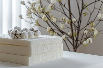 White table style with bed sponge spring and cotton - obrazy, fototapety, plakaty