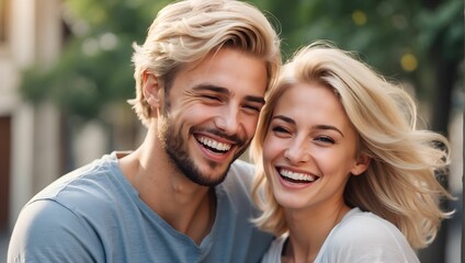 Young couple, blond hair, man with a little beard, realistic, laughter, happiness. generative AI