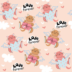 Cute funny valentines cats and hearts seamless pattern. Greeting card for Valentine's Day. Vector illustration doodle style