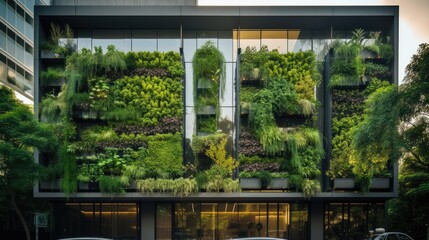 Eco-friendly building in the modern city. Sustainable glass office building with tree for reducing carbon dioxide. Office building with green environment. Corporate building reduce CO2 Ai generated