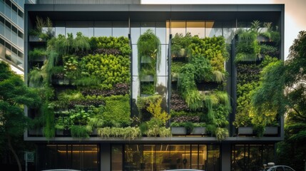 Fototapeta premium Eco-friendly building in the modern city. Sustainable glass office building with tree for reducing carbon dioxide. Office building with green environment. Corporate building reduce CO2 Ai generated