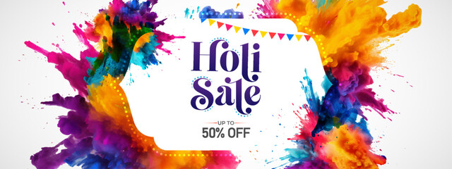 Happy Holi Festival Sale Banner Background Design with Vibrant Color Splash