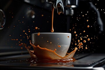Espresso cup filling in coffee machine with black background splash still life - obrazy, fototapety, plakaty
