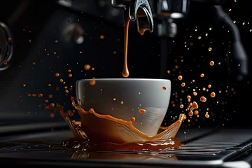 Poster Im Rahmen Espresso cup filling in coffee machine with black background splash still life © The Big L