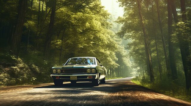 car in the forest. car driving along the road in a summer forest. summer forest.