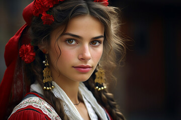 Fototapeta premium Beautiful Slavic girl in white and red embroidered national costume generative AI concept