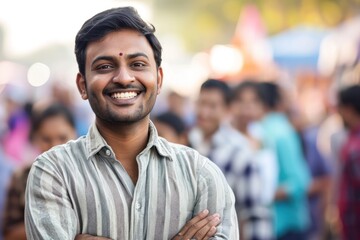 An indian employee is smiling and standing out confidently in a crowd with hands crossed