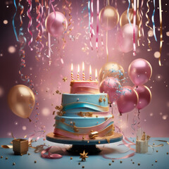 birthday cake with candles and balloons