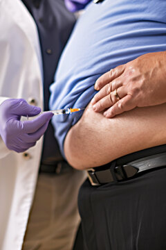 Doctor vaccinating an obese man with a syringe in his hand. Conceptual photo of diabetes/slimming injection.