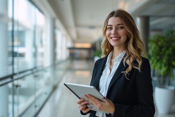 Business woman stands indoors in an office building holding a tablet smiling. web banner 