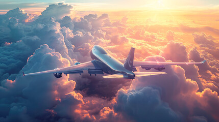 illustration of airplane flying over the clouds at sunset. 