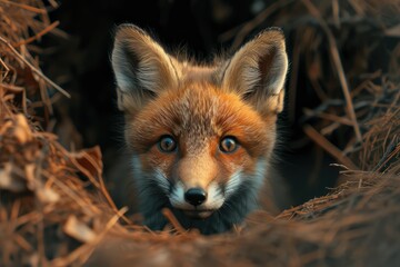 Obraz premium curious fox cub peeking out from its den, sunlight dappling its fur